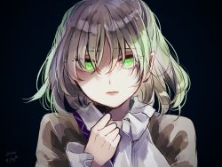 Rule 34 | 1girl, 2022, arm warmers, black background, blonde hair, brown shirt, closed mouth, eyelashes, eyes visible through hair, green eyes, hair between eyes, hand up, looking at viewer, m (neteitai10), mizuhashi parsee, pointy ears, scarf, shirt, short hair, short sleeves, simple background, solo, t-shirt, touhou, upper body, white scarf