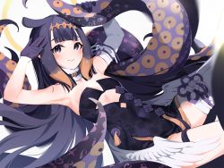 Rule 34 | 1girl, arms up, black dress, black gloves, blue eyes, blunt bangs, breasts, covered navel, dress, gloves, grabbing, halo, headpiece, hololive, hololive english, long hair, looking at viewer, low wings, lying, mania (fd6060 60), mole, mole under eye, ninomae ina&#039;nis, ninomae ina&#039;nis (1st costume), on back, pointy ears, purple hair, sidelocks, simple background, single thighhigh, small breasts, smile, solo, strapless, strapless dress, tentacles, thighhighs, virtual youtuber, white background, white thighhighs, wings