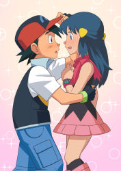 Rule 34 | 1boy, 1girl, absurdres, ash ketchum, baseball cap, black gloves, black hair, black shirt, black socks, black vest, blue eyes, blue pants, blush, boots, commentary request, couple, creatures (company), dawn (pokemon), eye contact, fingerless gloves, flustered, from side, game freak, gloves, hair ornament, hairclip, hand up, hat, highres, holding person, jacket, kneehighs, long hair, looking at another, miraa (chikurin), nervous, nintendo, open mouth, pants, pink background, pink footwear, pink scarf, pink skirt, pokemon, pokemon (anime), pokemon dppt (anime), red headwear, scarf, shirt, short hair, short sleeves, shy, skirt, sleeveless, sleeveless shirt, socks, spiked hair, standing, sweatdrop, vest, watch, wristwatch