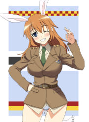 Rule 34 | 00s, 1girl, animal ears, bad id, bad pixiv id, charlotte e. yeager, green necktie, grin, hand on own hip, kyogoku shin, necktie, one eye closed, panties, rabbit ears, rabbit girl, rabbit tail, smile, solo, strike witches, underwear, wink, world witches series