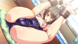 Rule 34 | 1girl, aoyagi natsuya, armpits, bdsm, blush, bondage, bound, breasts, breasts out, brown hair, cameltoe, clothes pull, cuffs, day, folded, game cg, green eyes, indoors, kneepits, lying, nail polish, nipple stimulation, on back, one-piece swimsuit, one-piece swimsuit pull, otome switch, sex toy, short hair, small breasts, solo, swimsuit, toenail polish, toenails, vibrator, vibrator on nipple