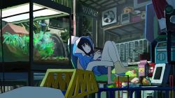 Rule 34 | 1girl, air conditioner, anbiyori, animated, black hair, blue shorts, carton, closed mouth, eating, female focus, fish, fish tank, food, hood, hood up, indoors, looping animation, lying, model train, open mouth, original, popcorn, shorts, socks, solo, sound, television, video, watching television