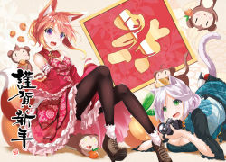 Rule 34 | 2girls, :o, :p, animal costume, animal ears, black legwear, blush, breasts, brown hair, camera, cat ears, cat tail, cellphone, china dress, chinese clothes, chinese new year, chinese text, cleavage, cleavage cutout, clothing cutout, d:, dao fu, detached sleeves, dress, eyebrows, fatkewell, food, fox ears, fox tail, fruit, glint, gradient hair, green eyes, high heels, large breasts, leaf, light purple hair, lying, mandarin orange, medium breasts, monkey, multicolored hair, multiple girls, on stomach, open mouth, orange hair, original, pantyhose, phone, plant, purple eyes, red dress, rika eastre, saliva, sharon catiey, short hair, short sleeves, silver hair, skirt, smartphone, sparkling eyes, tail, taking picture, tongue, tongue out, traditional chinese text