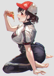Rule 34 | 1girl, arm support, ass, bag, black pants, black ribbon, blush, bow, breasts, brown hair, food, from side, grey background, hair bow, hair ribbon, hand up, hat, highres, holding, holding food, holding pizza, idolmaster, idolmaster shiny colors, large breasts, long hair, looking at viewer, no socks, open mouth, otsudou, pants, pizza, red eyes, ribbon, shirt, shoulder bag, simple background, sitting, soles, solo, sonoda chiyoko, thick thighs, thighs, tongue, tongue out, two-tone headwear, wariza, white shirt
