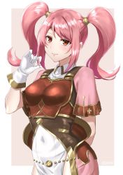 Rule 34 | 1girl, arm behind back, armor, boobplate, breastplate, closed mouth, collared dress, covered navel, dress, fire emblem, fire emblem echoes: shadows of valentia, gloves, highres, holding, holding own hair, long hair, mae (fire emblem), nintendo, red eyes, shinae, short sleeves, simple background, smile, solo, twintails, upper body, white gloves