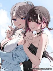 Rule 34 | 2girls, bare shoulders, bikini, black choker, black hair, black nails, black one-piece swimsuit, blue bow, blue eyes, blue jacket, blush, bow, breasts, chigusa minori, choker, cleavage, clenched teeth, collarbone, colored inner hair, covered navel, frilled one-piece swimsuit, frills, gradient nails, grey hair, hair bow, highres, jacket, large breasts, long hair, looking at viewer, medium breasts, multicolored hair, multiple girls, nail polish, o-ring, o-ring bikini, one-piece swimsuit, one eye closed, open clothes, open jacket, open mouth, pink hair, ponytail, purple eyes, purple nails, saotome shino (shino to ren), shino to ren, shirayuki ren, short hair, strapless, strapless one-piece swimsuit, swimsuit, teeth, v, white bikini