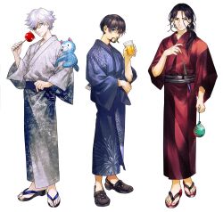 Rule 34 | 3boys, alcohol, beer, black footwear, black hair, blue eyes, blue kimono, candy apple, closed mouth, commentary, cup, easthies (tongari boushi no atelier), facial hair, fireworks print, food, full body, glasses, grey kimono, hair over one eye, highres, holding, holding cup, holding food, japanese clothes, kimono, long hair, long sleeves, looking at viewer, male focus, mouth hold, multiple boys, obi, official alternate costume, olruggio (tongari boushi no atelier), qifrey (tongari boushi no atelier), red eyes, red kimono, sandals, sash, shirahama kamome, short hair, simple background, smile, standing, stubble, tongari boushi no atelier, transparent background, water balloon, white background, white hair, wide sleeves, yukata, zouri