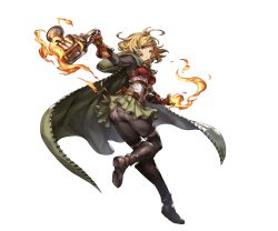 Rule 34 | 10s, 1girl, blonde hair, boots, brown eyes, cape, fire, full body, gloves, granblue fantasy, holding, jewelry, knee boots, lamp, looking back, minaba hideo, official art, pantylines, pleated skirt, shingeki no bahamut, short hair, skirt, solo, teena (granblue fantasy), thighhighs, transparent background