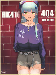 Rule 34 | 1girl, :d, arm behind back, belt, beret, blue hair, blunt bangs, boca, breasts, character name, earrings, facial mark, fishnet legwear, fishnets, girls&#039; frontline, green eyes, hair ornament, hat, highres, hk416 (girls&#039; frontline), jewelry, long hair, looking at viewer, necklace, open mouth, shorts, sleeves past wrists, smile, solo