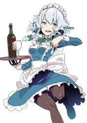 Rule 34 | 1girl, absurdres, apron, blue dress, blue eyes, bottle, bow, braid, breasts, cup, dress, drinking glass, frilled apron, frilled skirt, frills, green bow, hair bow, highres, holding, holding weapon, izayoi sakuya, kawayabug, knife, looking to the side, maid, maid apron, maid headdress, medium breasts, medium hair, open mouth, pantyhose, puffy short sleeves, puffy sleeves, short hair, short sleeves, silver hair, skirt, smile, solo, standing, standing on one leg, teeth, touhou, tray, twin braids, waist apron, weapon, white apron, white background, wine bottle, wine glass