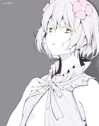 Rule 34 | 1girl, bare shoulders, flat color, flower, grey background, hair between eyes, hair flower, hair ornament, kichihachi, kudou chitose, looking at viewer, nijisanji, open clothes, open mouth, open shirt, parted lips, pink flower, ribbon, short hair, simple background, sketch, sleeveless, solo, twitter username, upper body, virtual youtuber, wavy hair, white hair, yellow eyes
