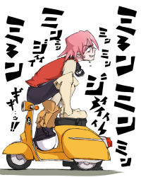 Rule 34 | 00s, 1girl, boots, flat tire, flcl, full body, gloves, goggles, grin, haruhara haruko, highres, motor vehicle, pink hair, scarf, scooter, short hair, simple background, smile, solo, vehicle, vespa, white background, yes hammy