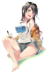 Rule 34 | 1girl, bad feet, bare shoulders, barefoot, black hair, blush, breasts, cup, drinking straw, artistic error, fang, full body, grey shorts, hairband, highres, imu sanjo, jacket, kantai collection, large breasts, long hair, looking at viewer, multicolored hair, naganami (kancolle), official alternate costume, open mouth, pink hair, polka dot hairband, shirt, shorts, sitting, sleeveless, sleeveless shirt, smile, solo, two-tone hair, white background, white shirt, yellow eyes, yellow jacket
