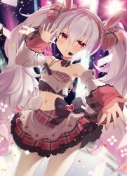 Rule 34 | 1girl, animal ears, arm up, azur lane, bare shoulders, big hair, black bow, black bowtie, black collar, blush, bow, bow skirt, bowtie, collar, colored skin, concert, contrapposto, cowboy shot, crop top, detached sleeves, expressionless, fake animal ears, flat chest, frilled skirt, frills, glowing, hair between eyes, hair bow, hairband, half-closed eyes, hand up, highres, kyouya0514, laffey (azur lane), layered skirt, long hair, long sleeves, looking at viewer, midriff, miniskirt, multicolored skin, navel, outstretched arm, parted lips, plaid, plaid bow, plaid skirt, rabbit ears, red eyes, red hairband, skirt, solo, standing, strapless, tube top, twintails, very long hair, white hair, white sleeves, wide sleeves