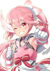 Rule 34 | 10s, 1girl, absurdres, blush, clenched hands, english text, gloves, grin, head tilt, highres, long hair, looking at viewer, michairu, one eye closed, outline, outstretched arm, pink eyes, pink hair, side ponytail, simple background, smile, solo, very long hair, white background, white gloves, yuuki yuuna, yuuki yuuna wa yuusha de aru, yuusha de aru