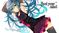 Rule 34 | 1girl, aqua hair, armpits, arms up, copyright name, detached sleeves, green eyes, hatsune miku, long hair, necktie, skirt, solo, thighhighs, very long hair, vocaloid, white background, yutsuchi