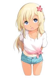 Rule 34 | 1girl, arms behind back, blonde hair, blue eyes, blue shorts, collarbone, commentary, cropped legs, dated commentary, denim, denim shorts, flower, gradient shirt, hair flower, hair ornament, highres, kantai collection, looking at viewer, midriff, navel, okitarou (okiyo), one-piece tan, open mouth, red shirt, ro-500 (kancolle), shirt, short shorts, short sleeves, shorts, solo, tan, tanline, tied shirt, white shirt