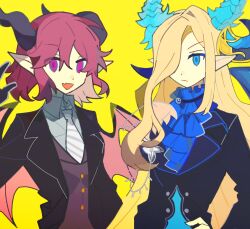 Rule 34 | 2girls, alternate costume, ascot, asymmetrical hair, black choker, black gloves, black horns, black jacket, black sleeves, blonde hair, blue ascot, blue eyes, blue horns, blue shirt, buttons, chinese commentary, choker, closed mouth, collared jacket, collared shirt, commentary request, demon girl, demon horns, demon wings, fang, formal, frilled choker, frills, frown, gloves, guardian tales, hair ornament, hair over one eye, hand on own hip, hand up, highres, horns, jacket, long hair, long sleeves, multiple girls, necktie, noble succubus bianca, open clothes, open jacket, open mouth, pink eyes, pink wings, pointy ears, purple vest, red hair, shirt, simple background, single sidelock, skin fang, smile, striped necktie, succubus adventurer yuze, suit, tiankong yiji, upper body, v-shaped eyebrows, very long hair, vest, wavy hair, white necktie, white shirt, wings, yellow background