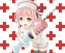 Rule 34 | 1girl, :d, alternate costume, bad id, bad pixiv id, bent over, black thighhighs, bow, carrying, commentary request, hair bow, hair ribbon, harusame (kancolle), hat, kantai collection, long hair, looking at viewer, nurse, nurse cap, open mouth, pink eyes, pink hair, ribbon, side ponytail, smile, soba (sobaya1938), solo, syringe, thighhighs, zettai ryouiki