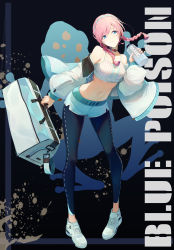 Rule 34 | 1girl, absurdres, ar (3779609928), arknights, bag, bare shoulders, black leggings, blue eyes, blue poison (arknights), blue poison (shoal beat) (arknights), bottle, braid, character name, choker, duffel bag, full body, highres, holding, holding bag, holding bottle, jacket, leggings, long sleeves, off shoulder, official alternate costume, open clothes, open jacket, pants under shorts, pink choker, pink hair, shoes, short hair, short shorts, shorts, side braids, smile, sneakers, solo, spaghetti strap, sports bra, twin braids, water bottle, white footwear, white jacket