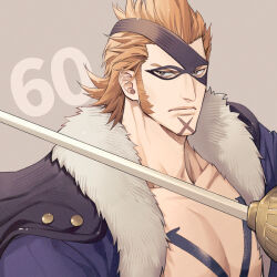 Rule 34 | 1boy, chest tattoo, closed mouth, commentary request, eye mask, fur-trimmed jacket, fur trim, holding, holding sword, holding weapon, jacket, looking at viewer, male focus, numbered, one piece, orange hair, scar, scar on face, sideburns, simple background, solo, sword, tattoo, upper body, weapon, x drake, yoshicha