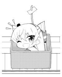 Rule 34 | 1girl, ^^^, amatsukaze (kancolle), ataru (ataru-littlebird), bag, chibi, commentary request, dress, greyscale, hair tubes, hat, highres, kantai collection, mini hat, monochrome, one eye closed, sailor collar, sailor dress, smile, smokestack hair ornament, solo, two side up, upper body