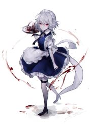 Rule 34 | 1girl, absurdres, apron, between fingers, blood, breasts, closed mouth, expressionless, frilled apron, frills, grey hair, hair ribbon, high heels, highres, holding, holding knife, holding plate, izayoi sakuya, knife, knives between fingers, looking at viewer, maid apron, maid headdress, medium breasts, medium hair, plate, puffy short sleeves, puffy sleeves, red eyes, ribbon, rokuya (68 zusao), short sleeves, sidelocks, skull, solo, standing, thigh strap, touhou, tress ribbon, waist apron, white apron