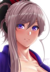 Rule 34 | 1girl, asymmetrical hair, blue eyes, blue kimono, blush, breasts, cleavage, closed mouth, collarbone, commentary request, face, facing viewer, fate/grand order, fate (series), hair ornament, highres, japanese clothes, kimono, large breasts, looking at viewer, miyamoto musashi (fate), pink hair, pink lips, ponytail, solo, swept bangs, zucchini