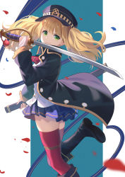 Rule 34 | 1girl, absurdres, black footwear, black hat, black jacket, blonde hair, blue background, blue skirt, blush, boots, bridal gauntlets, closed mouth, commentary request, green eyes, hat, highres, holding, holding sheath, holding sword, holding weapon, jacket, knee boots, long hair, long sleeves, looking at viewer, military hat, mobu (wddtfy61), monika weisswind, open clothes, open jacket, peaked cap, petals, pleated skirt, princess connect!, red neckwear, red thighhighs, saber (weapon), scabbard, sheath, shirt, shoe soles, skirt, smile, solo, standing, standing on one leg, sword, thighhighs, thighhighs under boots, twintails, two-tone background, unsheathed, v-shaped eyebrows, weapon, white background, white shirt