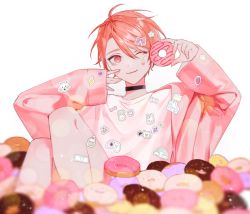Rule 34 | 1boy, choker, doughnut, food, highres, holding, holding food, long sleeves, looking to the side, male focus, maruyama reo, nail polish, nyamnyam0502, one eye closed, paradox live, red eyes, red hair, short hair, solo, sticker, sticker on face, white background