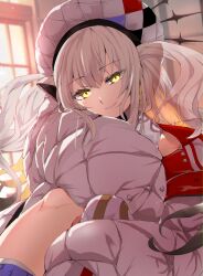 Rule 34 | 1girl, absurdres, dress, fate/grand order, fate (series), hat, highres, jacket, long hair, long sleeves, looking at viewer, marie antoinette (alter) (fate), marie antoinette (alter) (first ascension) (fate), marie antoinette (fate), off shoulder, sidelocks, smile, solo, toyosu, two side up, white dress, white hair, white hat, white jacket, yellow eyes