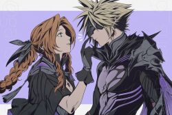 1boy 1girl absurdres aerith_gainsborough aerith_gainsborough_(bahamut_robe) armor black_armor black_bodysuit black_capelet black_gloves black_mask black_ribbon blonde_hair bodysuit border braid braided_ponytail breasts brown_hair capelet cleavage cloud_strife cloud_strife_(bahamut_garb) covered_eyes dragon_wings earrings eye_mask final_fantasy final_fantasy_vii final_fantasy_vii_ever_crisis finger_to_another&#039;s_nose gloves green_eyes hair_ribbon highres jewelry letterboxed long_hair looking_at_another medium_breasts necklace official_alternate_costume parted_bangs parted_lips purple_background ribbon roku_(gansuns) short_hair shoulder_armor sidelocks single_braid single_wing smile spiked_hair tassel twitter_username upper_body white_border wings