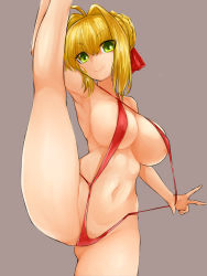 Rule 34 | 1girl, absurdres, ahoge, blonde hair, braid, breasts, cleavage, cowboy shot, fate/extra, fate/grand order, fate (series), french braid, green eyes, hair intakes, highres, large breasts, nero claudius (fate), nero claudius (fate) (all), nero claudius (fate/extra), official alternate costume, one-piece swimsuit, red one-piece swimsuit, slingshot swimsuit, split, standing, standing on one leg, standing split, steamingtofu, swimsuit