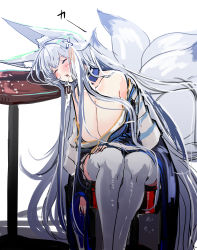 Rule 34 | 1girl, absurdres, animal ear fluff, animal ears, azur lane, breasts, cleavage, closed eyes, drooling, hair ornament, hand on own thigh, hey taisyou, highres, kitsune, kyuubi, large breasts, long hair, multiple tails, shinano (azur lane), simple background, sleeping, solo, table, tail, thighhighs, thighs, very long hair, white background, white hair, white thighhighs