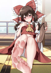 Rule 34 | 1girl, absurdres, ascot, bare legs, barefoot, black hair, blurry, blurry background, blush, bow, breasts, brown footwear, closed mouth, day, detached sleeves, feet, foot focus, frilled bow, frilled hair tubes, frilled shirt collar, frills, hair bow, hair tubes, hakurei reimu, hand up, highres, holding, holding shoes, indoors, legs, long hair, looking at viewer, midriff peek, oirin, panties, railing, red bow, red eyes, red skirt, red vest, sandals, shoes, sitting, skirt, small breasts, soles, solo, stairs, tatami, toes, touhou, underwear, unworn sandals, unworn shoes, vest, white panties, white sleeves, wide sleeves, yellow ascot