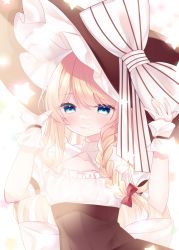 Rule 34 | 1girl, black skirt, blonde hair, blue eyes, blush, bow, braid, cacao (cacaomgmg), grin, hair bow, hat, hat bow, highres, kirisame marisa, long hair, looking at viewer, puffy short sleeves, puffy sleeves, shirt, short sleeves, side braid, single braid, skirt, smile, solo, star (symbol), touhou, very long hair, white bow, witch hat, wrist cuffs