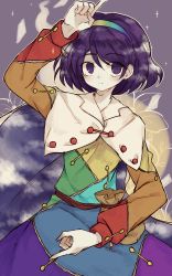 Rule 34 | 1girl, absurdres, buttons, cape, capelet, cloud print, floral background, hairband, highres, himi, looking at viewer, multicolored clothes, multicolored hairband, pointing, pointing down, pointing up, pouch, purple eyes, purple hair, rainbow gradient, red button, short hair, sketch, smile, tenkyuu chimata, touhou, unconnected marketeers, zipper