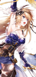 Rule 34 | &gt;:o, 10s, 1girl, :o, arisaka ako, arm up, armor, armpits, bare shoulders, blonde hair, blue eyes, boots, breasts, brown footwear, cleavage, collarbone, flower, gauntlets, granblue fantasy, hair flower, hair ornament, holding, holding sword, holding weapon, jeanne d&#039;arc (granblue fantasy), long hair, looking at viewer, medium breasts, open mouth, solo, standard bearer, sword, teeth, thigh boots, thighhighs, unsheathed, v-shaped eyebrows, weapon