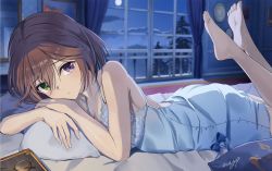 Rule 34 | 1girl, bare shoulders, barefoot, bed, book, breasts, brown hair, collarbone, commission, dress, green eyes, heterochromia, indoors, lace, large breasts, looking at viewer, lying, may9, moon, night, on stomach, original, parted bangs, purple eyes, skeb commission, soles, solo, sundress, the pose, toes, white dress, window