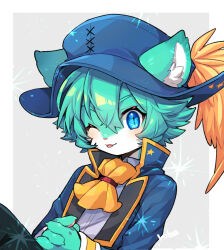 Rule 34 | 1boy, :p, animal ears, animal nose, aqua hair, ascot, blue eyes, blue hat, border, cat boy, cat ears, ears through headwear, furry, furry male, grey background, hat, hat feather, hituzirobo, jacket, male focus, one eye closed, original, outside border, own hands clasped, own hands together, shirt, short hair, slit pupils, solo, tongue, tongue out, white border, yellow ascot