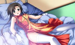 Rule 34 | 1girl, artist request, bare shoulders, bed, black hair, blush, character request, china dress, chinese clothes, copyright request, dress, embarrassed, gloves, green eyes, indoors, long hair, lying, panties, pillow, side slit, solo, thighhighs, underwear, white thighhighs