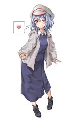 Rule 34 | 1girl, absurdres, alternate costume, amagi (amagi626), beret, black footwear, blue dress, blue hair, blush, casual, commentary request, contemporary, dress, full body, grey jacket, hair between eyes, hat, heart, highres, jacket, long dress, long sleeves, looking at viewer, open clothes, open jacket, red eyes, remilia scarlet, shoes, short hair, simple background, smile, solo, spoken heart, standing, touhou, uneven eyes, white background, white hat