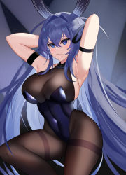 Rule 34 | 1girl, :3, absurdly long hair, absurdres, animal ears, arm strap, armpits, arms behind head, azur lane, black pantyhose, blue eyes, blue hair, bodystocking, breasts, center opening, cleavage, covered navel, detached collar, fake animal ears, highleg, highleg leotard, highres, large breasts, leotard, long hair, new jersey (azur lane), new jersey (exhilarating steps!) (azur lane), niuwajun, official alternate costume, pantyhose, playboy bunny, purple leotard, rabbit ears, see-through, see-through cleavage, simple background, skin tight, smug, solo, strapless, strapless leotard, thighband pantyhose, very long hair