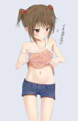 Rule 34 | 1girl, bare arms, bare shoulders, blue shorts, blush, bow, brown camisole, brown hair, camisole, camisole lift, closed mouth, clothes lift, commentary request, flying sweatdrops, grey background, hair between eyes, hair bow, lifting own clothes, midriff, navel, original, red bow, red eyes, sakazakinchan, short shorts, shorts, sidelocks, simple background, solo, sweat, translation request, twintails, wavy mouth