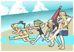 Rule 34 | &gt; &lt;, 6+girls, beach, bikini, blonde hair, blue hair, blush stickers, bow, box, breasts, cirno, cloud, daiyousei, day, drill hair, eating, closed eyes, food, fruit, green hair, hair bobbles, hair bow, hair ornament, hat, hat bow, ice, lily white, long hair, luna child, medium breasts, multiple girls, one-piece swimsuit, outdoors, popsicle, running, school swimsuit, star (symbol), star sapphire, sunny milk, swimsuit, tan, touhou, twintails, umbrella, water, watermelon, wings, zannen na hito