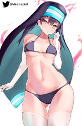 Rule 34 | 1girl, :&lt;, bare shoulders, bikini, black bikini, black hair, black headwear, blush, breasts, cleavage, clenched hand, collarbone, commentary, cowboy shot, elbow gloves, en&#039;en no shouboutai, fiery ears, fiery tail, fire, gloves, gluteal fold, groin, habit, hair between eyes, hand up, long hair, looking at viewer, medium breasts, midriff, moonuz, navel, purple fire, sidelocks, simple background, skindentation, solo, standing, swimsuit, tail, tamaki kotatsu, tearing up, thigh gap, thighhighs, twintails, twitter username, underboob, white background, white gloves, white thighhighs, yellow eyes