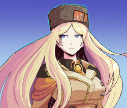 Rule 34 | 1girl, antimonolith, big hair, blonde hair, blue background, blue eyes, blue outline, breasts, brown hat, commentary, english commentary, eyelashes, fur hat, guilty gear, guilty gear strive, hat, highres, jacket, long hair, looking to the side, medium breasts, millia rage, orange jacket, outline, parted bangs, portrait, solo, ushanka, very long hair