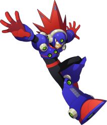 Rule 34 | 1boy, android, artist request, blast man, capcom, full body, gloves, grin, helmet, highres, jumping, leg up, male focus, official art, outstretched arms, red eyes, red gloves, red hair, robot, mega man (series), mega man (classic), mega man 11, smile, solo, spiked hair, spread arms, teeth, transparent background