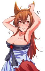 Rule 34 | 1girl, adapted costume, animal ears, armpits, arms up, bare arms, bare shoulders, blush, breasts, brooch, brown eyes, brown hair, cleavage, collarbone, commentary request, highres, imaizumi kagerou, jewelry, large breasts, looking at viewer, shirt, skirt, solo, strapless, touhou, wolf ears, yocchi (tenyunkel)