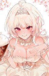 Rule 34 | 1girl, breasts, choker, cleavage, cup, dress, drink, fate/grand order, fate (series), floral background, highres, holding, holding cup, ice, ice cube, large breasts, merlin (fate/prototype), red eyes, siho is alien, simple background, smile, white background, white choker, white dress, wrist cuffs